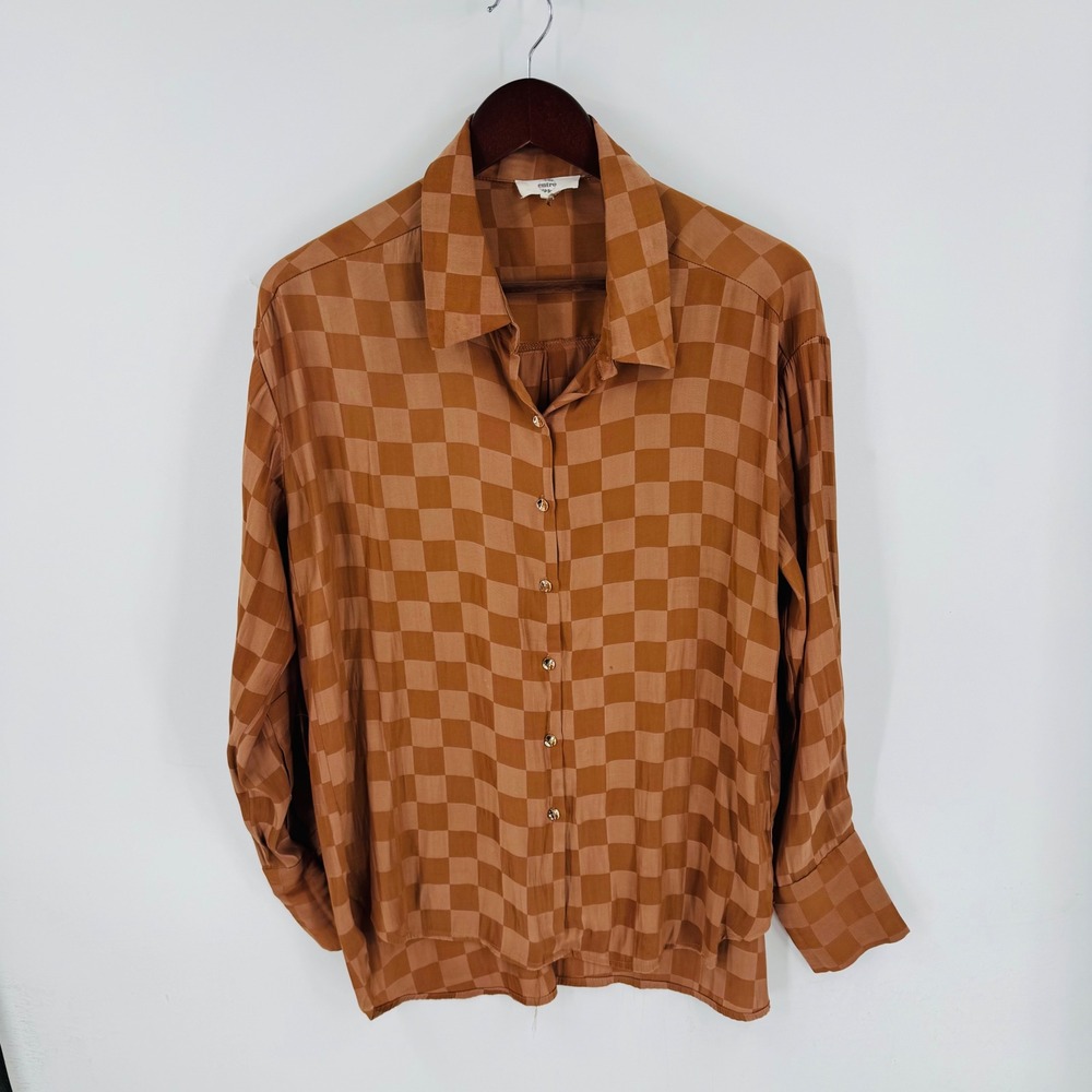 Entro Rust Brown Checkered Button Up Blouse Oversized‎ Size M Earthy Geometric
